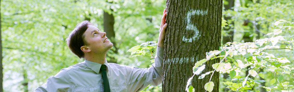 Junger Mann in Forstkleidung mit graugrünem Hemd lehnt sich lächelnd an einen Baum und schaut zu dem Baum auf